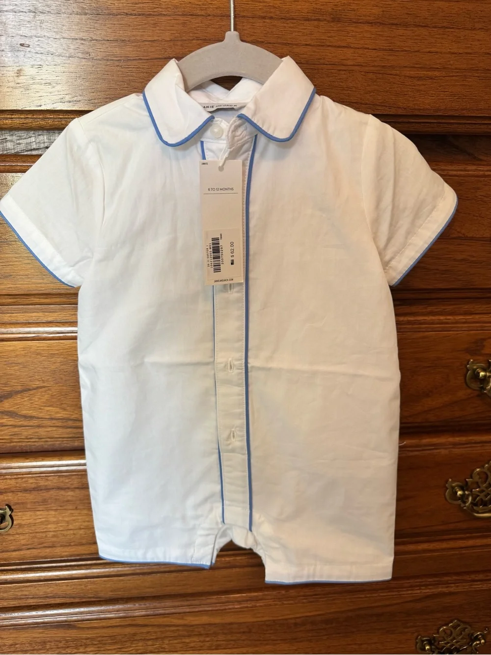 Janie and Jack White Cotton One-Piece Romper with Blue Piping
